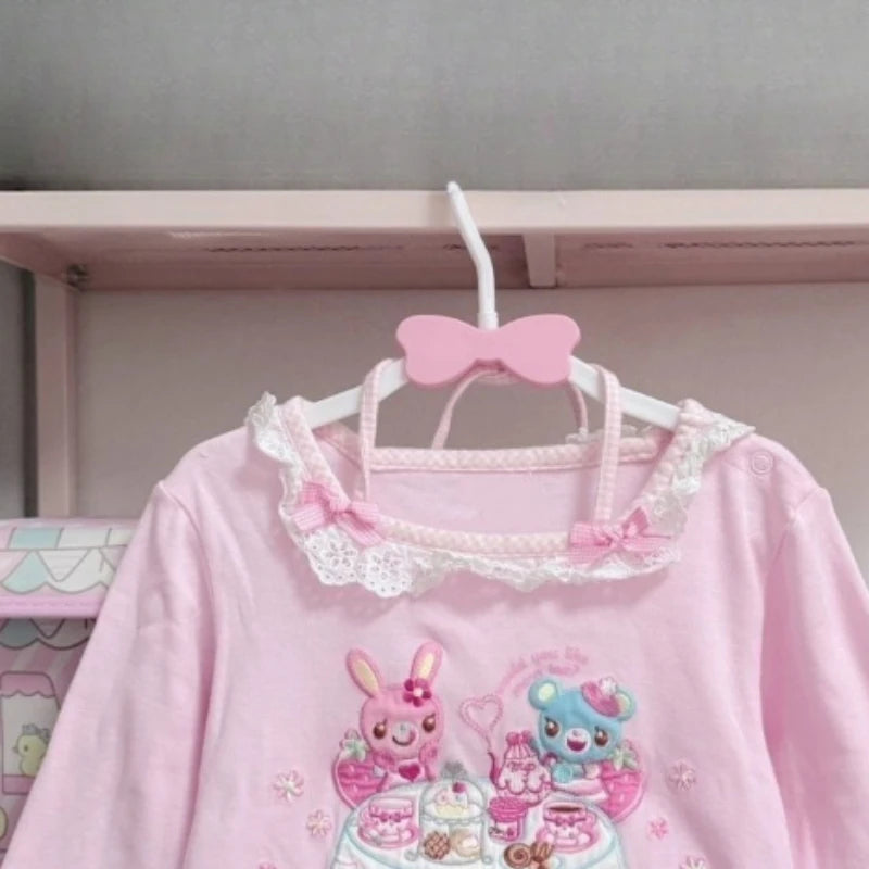 Japanese Cartoon Embroidery T-shirt Women Sweet Y2k Aesthetic Lace Patchwork Tops Girls Harajuku Grunge Kawaii Cute Bow Tees