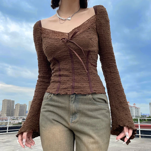 Load image into Gallery viewer, Square Neck Brown Frill Stitch Women T-shirt Slim Vintage Lace Trim Autumn Tee Corset Shirred Bow Fairycore Blouses
