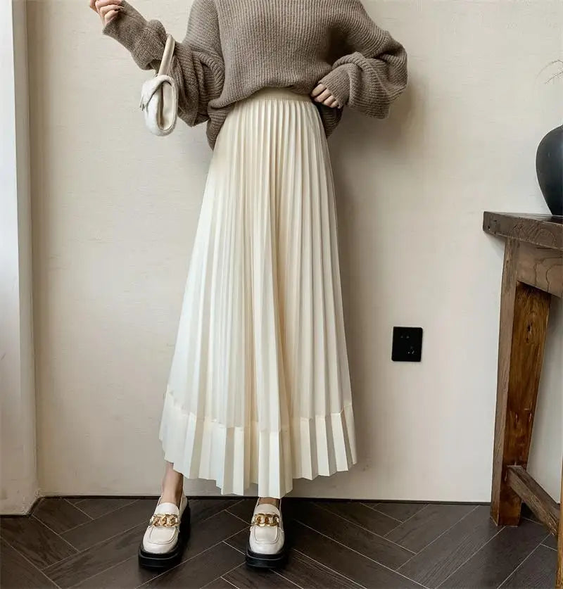 Autumn Winter New Black Beige Patchwork Mesh Elegant High Waist Long Skirt Women Brown Festival Pleated Skirt Simplicity Popular