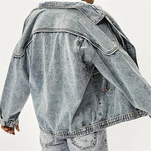 Load image into Gallery viewer, Autumn Men Denim Jacket Solid Color Male Lapel American New Stylish Outwear Washed Patchwork Multi-pocket 12A5983
