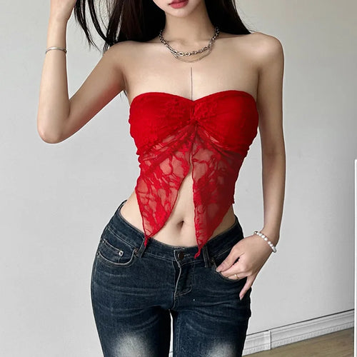 Load image into Gallery viewer, y2k Tube Top Women Fairy Coquette Clothing Solid Color Off Shoulder Strapless Asymmetrical Hem Lace Bandeau 2000s Vest
