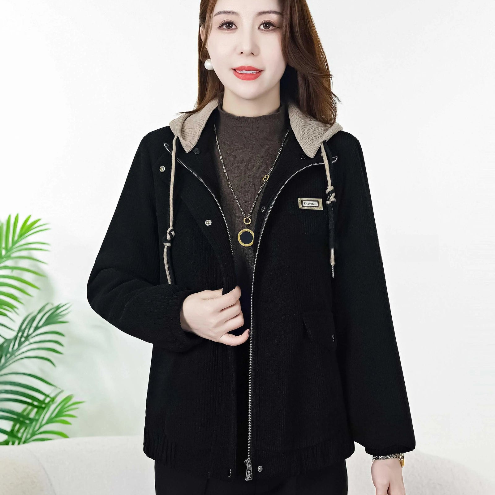 Korean Autumn Winter Black Brown Velvet Thick Zipper Short Coat For Women 2024 Popular Trend Red Loose Casual Hooded Tops Jacket