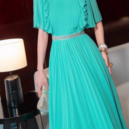 Load image into Gallery viewer, Hit Color Spliced Ruffles Slimming Dresses For Women O Neck Short Sleeve High Waist Temperament Dress Female New
