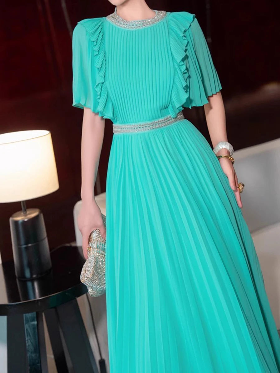 Hit Color Spliced Ruffles Slimming Dresses For Women O Neck Short Sleeve High Waist Temperament Dress Female New