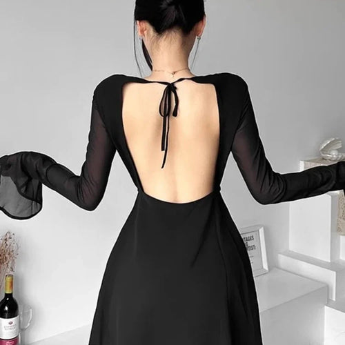 Load image into Gallery viewer, Sexy Backless Black Party Short Dresses Women Mesh Lace Up Flare Long Sleeve Mini Dress Wrap Slim Spring Fashion
