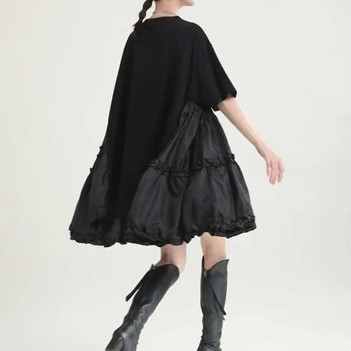 Load image into Gallery viewer, Women Black Ruffles Irregular Big Size Mini Dress New Round Neck Short Sleeve Fashion Tide Spring Summer 2025 1DH9574
