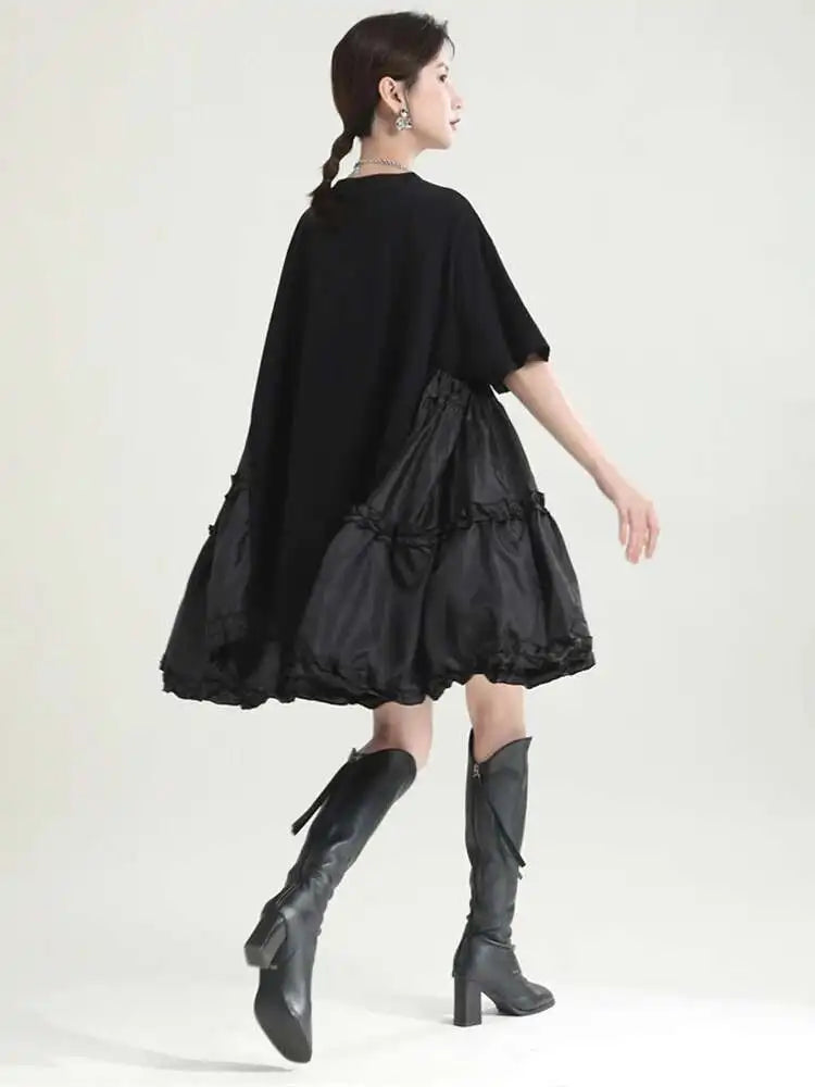 Women Black Ruffles Irregular Big Size Mini Dress New Round Neck Short Sleeve Fashion Tide Spring Summer 2025 1DH9574
