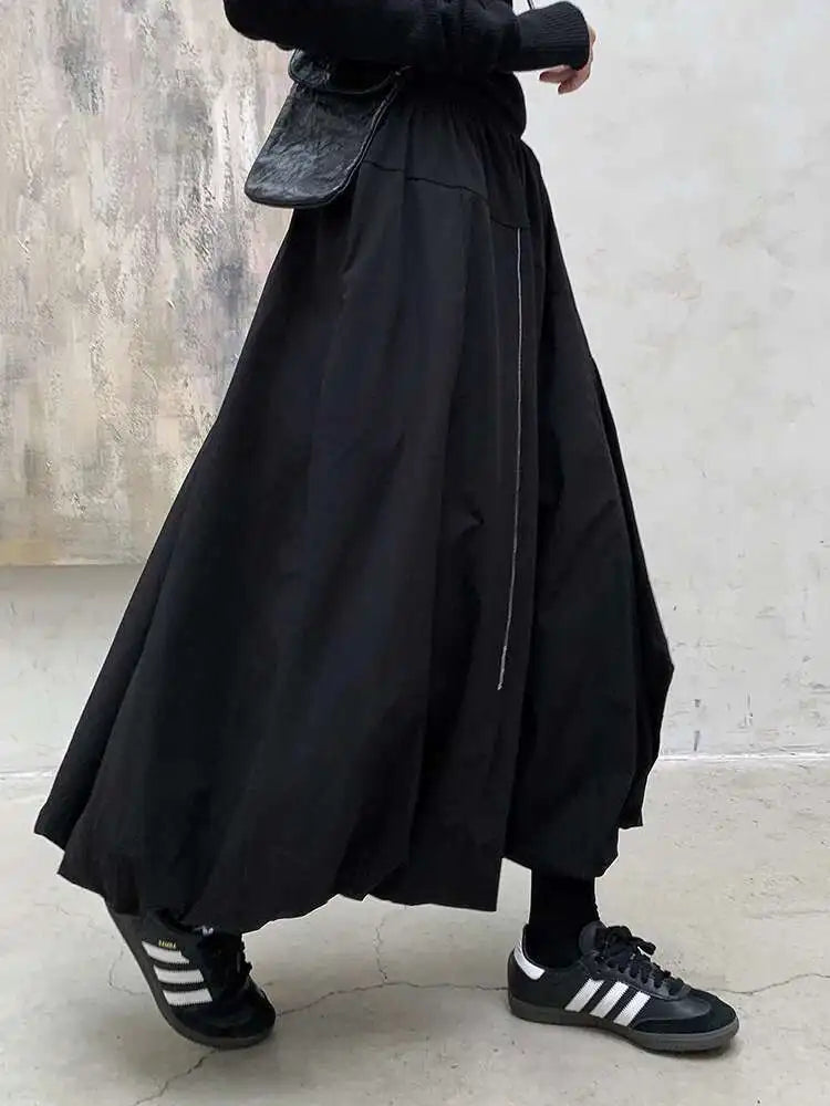 High Elastic Waist Black Brief Topstitched Long A-line Half-body Skirt Women Fashion Tide New Spring Autumn 2025 1DH8357