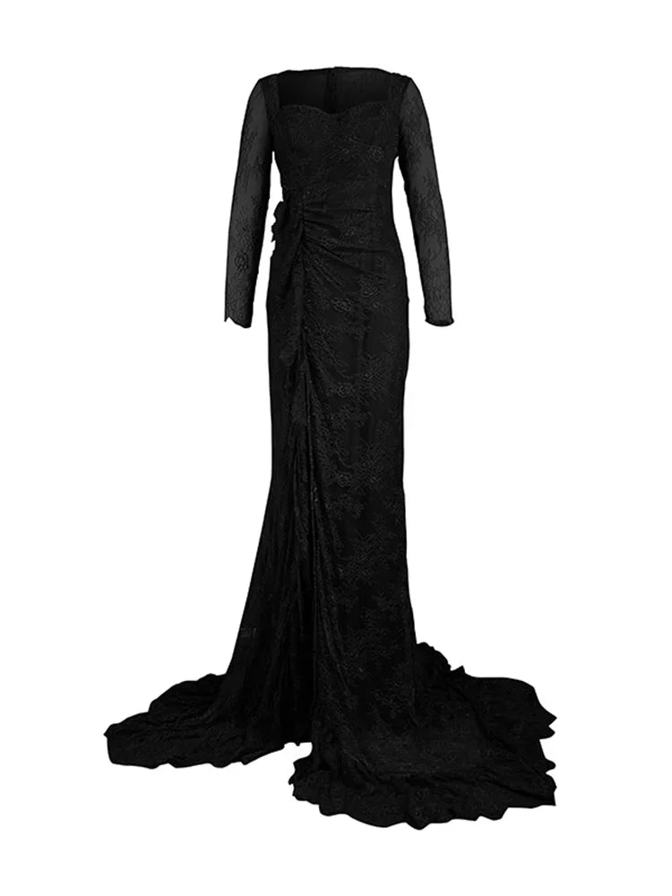 Womens Black Wedding Dresses for Party Evening Formal Bodycon Autumn Floor-Length Elegant Woman Lace Long Dress