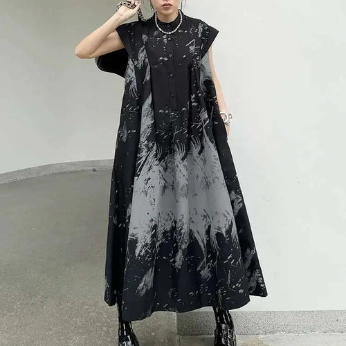 Load image into Gallery viewer, Women Black Pattern Printed Big Size Midi Shirt Dress New Stand Collar Sleeveless Fashion Tide Spring Summer 2025 1DH5837
