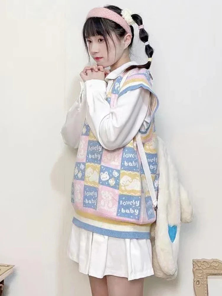 2025 Harajuku Fashion Sweater Vest Outfits Casual Women Cartoon Jacquard Knitted Tanks Vintage All Match Y2k Aesthetic Clothing