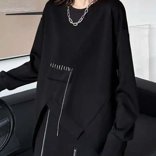 Load image into Gallery viewer, Black Topstitched Irregular Hem Sweatshirt New Round Neck Long Sleeve Women Big Size Fashion Spring Autumn 2025 1DH7646
