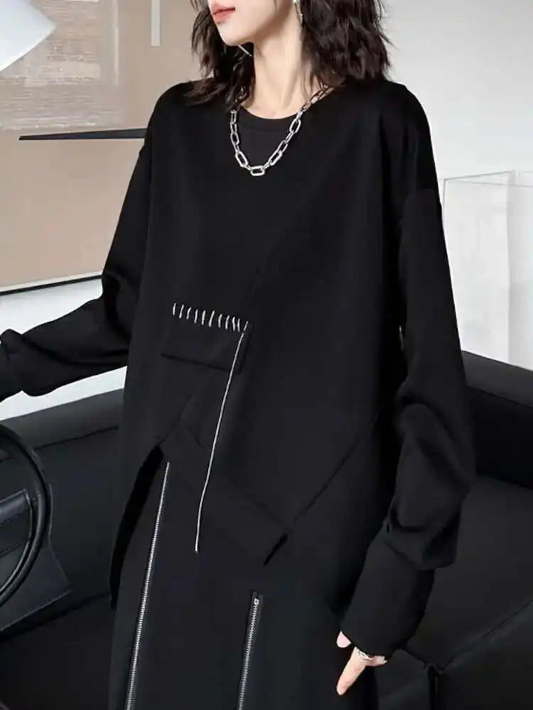 Black Topstitched Irregular Hem Sweatshirt New Round Neck Long Sleeve Women Big Size Fashion Spring Autumn 2025 1DH7646