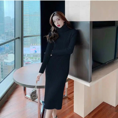 Load image into Gallery viewer, Autumn Winter White Sweater Dresses Fashion Female Black Long Sleeve Skinny Casual Blue Turtleneck Kintted Wrap Hip Dress Women
