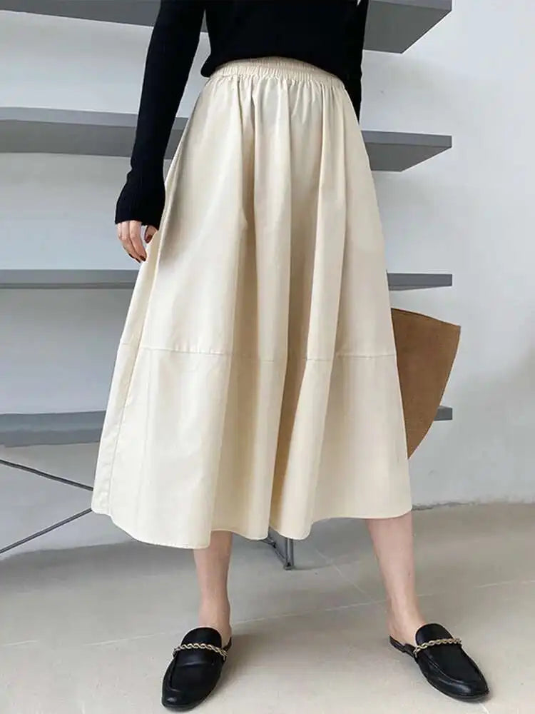 High Elastic Waist Gray Brown Casual A-LINE Midi Half-body Skirt Women Fashion Tide New Spring Autumn 2025 1DE2807