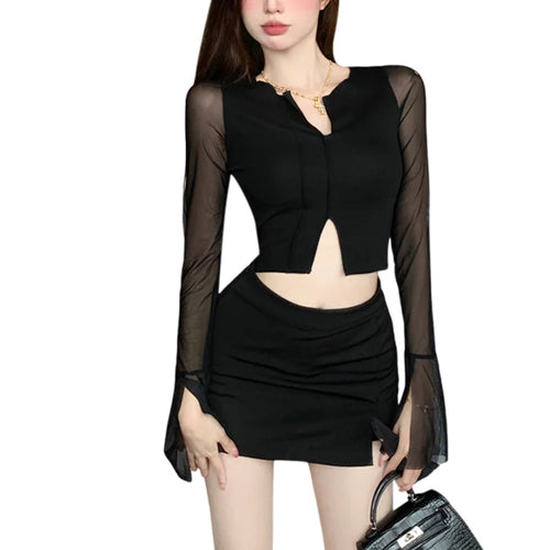 Load image into Gallery viewer, y2k Aesthetic Tops for Women Sexy Sheer See Through V Neck Long Sleeve Slit Hem Mesh T Shirt 2000s Clothing Streetwear
