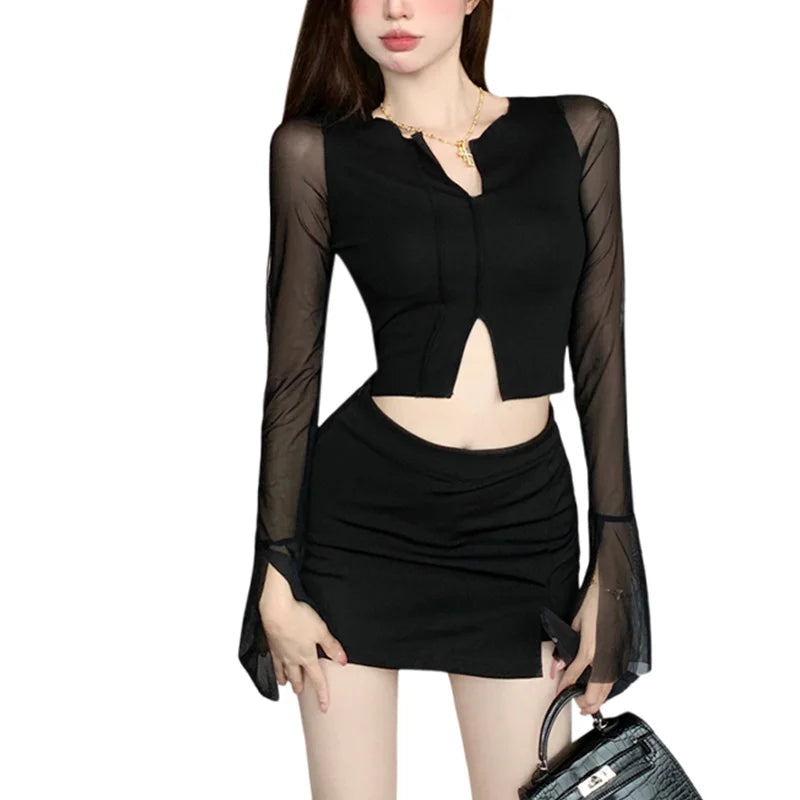y2k Aesthetic Tops for Women Sexy Sheer See Through V Neck Long Sleeve Slit Hem Mesh T Shirt 2000s Clothing Streetwear