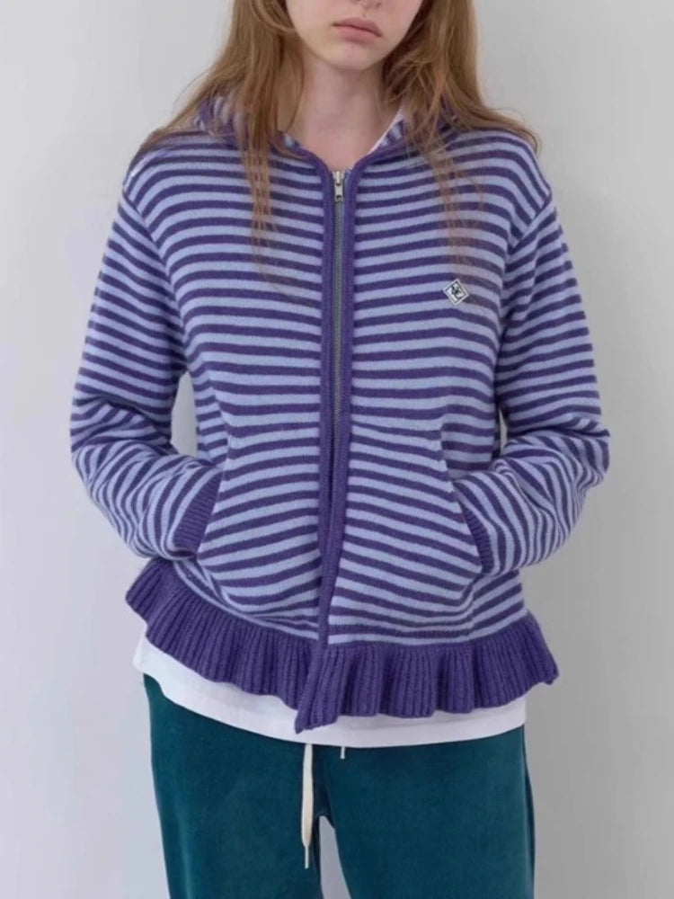 Casual Sueter Mujer Knitted Sweater Coats Women Autumn Winter Clothing Pull Femme Fashion Vintage Striped Zipper Cardigan Tops
