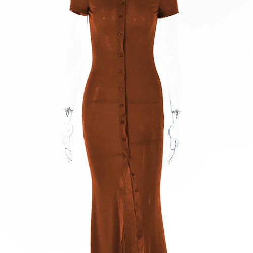 Load image into Gallery viewer, Summer Single-breasted Bodycon Maxi Dresses For Women Short Sleeve See Through Beach Dress Solid V-neck Party Vestidos
