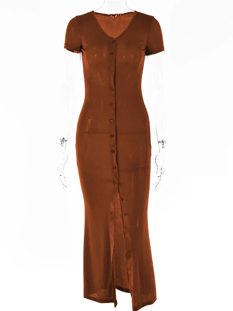 Summer Single-breasted Bodycon Maxi Dresses For Women Short Sleeve See Through Beach Dress Solid V-neck Party Vestidos