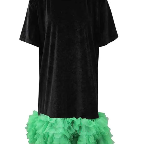 Load image into Gallery viewer, Women Green Mesh Ruffles Hem Big Size Knee-Length Dress New Round Neck Short Sleeve Fashion Spring Summer 2025 CPG2904
