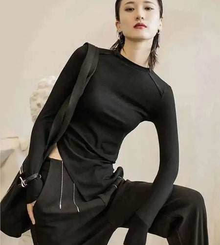 Women Burr Split Joint Asymmetrical Temperament T-shirt New Round Neck Long Sleeve  Fashion Tide  Spring Autumn 2025 1H312