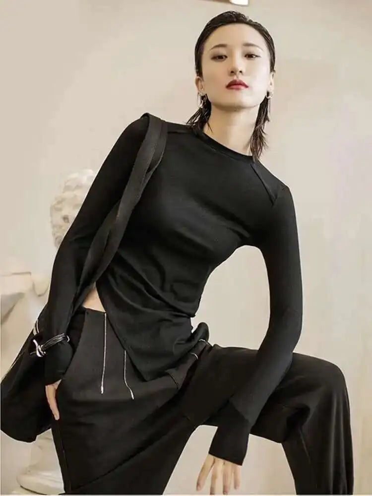 Women Burr Split Joint Asymmetrical Temperament T-shirt New Round Neck Long Sleeve  Fashion Tide  Spring Autumn 2025 1H312