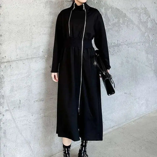 Load image into Gallery viewer, Women Black Zipper Irregular Hem Slit Midi Dress New Turtleneck Long Sleeve Fashion Tide Spring Autumn 2025 1DH9354
