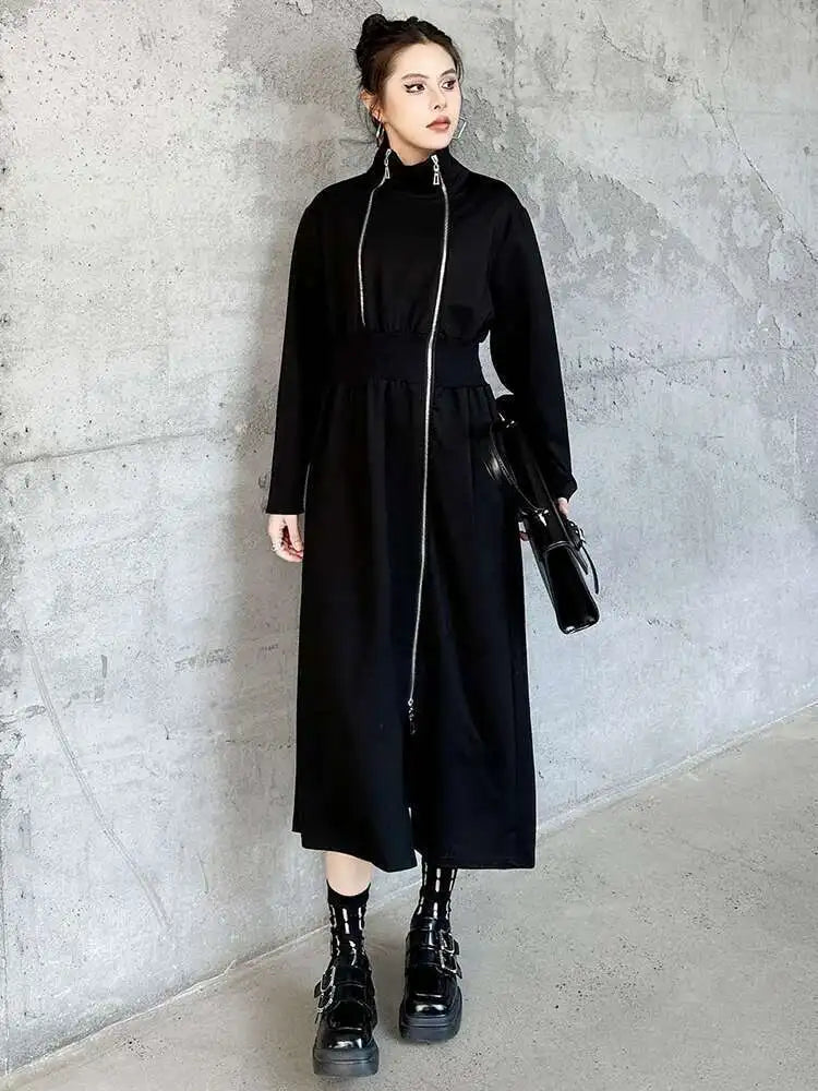 Women Black Zipper Irregular Hem Slit Midi Dress New Turtleneck Long Sleeve Fashion Tide Spring Autumn 2025 1DH9354
