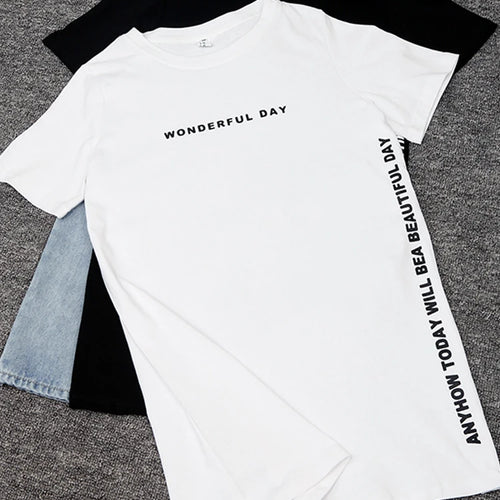 Load image into Gallery viewer, WONDERFUL DAY Print Long T shirts Summer Women Loose Slit Femme Tops Cotton Tshirt Short sleeve Ladies t-shirt
