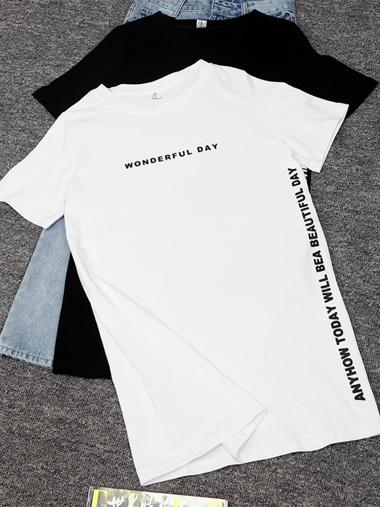 WONDERFUL DAY Print Long T shirts Summer Women Loose Slit Femme Tops Cotton Tshirt Short sleeve Ladies t-shirt
