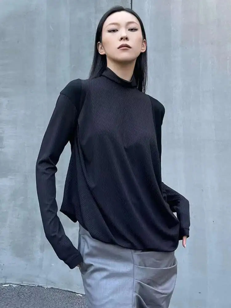 Women Black Irregular Casual T-shirt New Turtleneck Long Sleeve Loose Fit Tees Fashion Tide Spring Autumn 2025 1DH2678