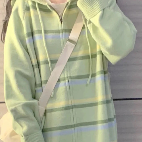 Load image into Gallery viewer, Y2k Aesthetic Stripe Hoodes Cardigans Double Zipper Women Casual Knitwear Harajuku Ladies Jacket Vintage Loose Grunge Sweater
