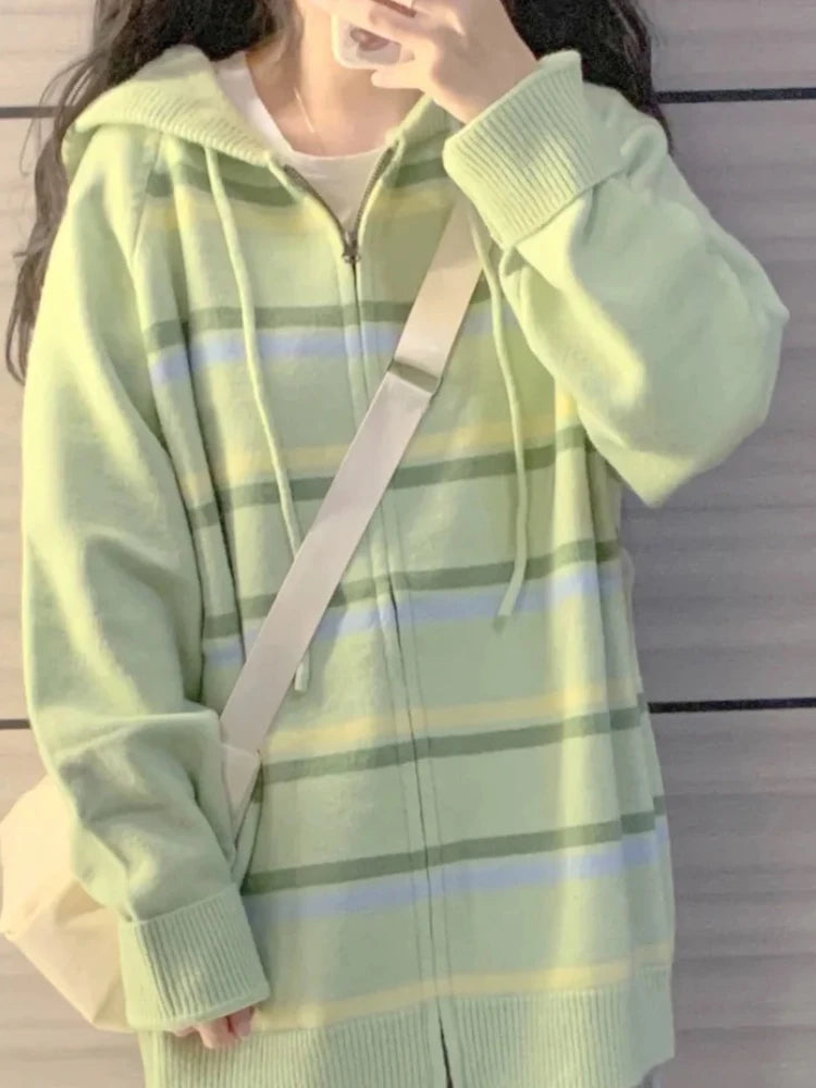 Y2k Aesthetic Stripe Hoodes Cardigans Double Zipper Women Casual Knitwear Harajuku Ladies Jacket Vintage Loose Grunge Sweater