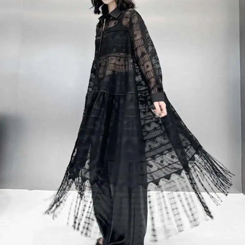 Load image into Gallery viewer, Women Black Lace Jacquard Perspective Big Size Shirt Dress New Lapel Long Sleeve Fashion Tide Spring Autumn 2025 1DH894201
