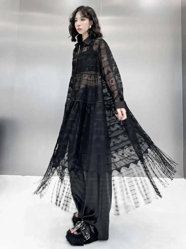 Women Black Lace Jacquard Perspective Big Size Shirt Dress New Lapel Long Sleeve Fashion Tide Spring Autumn 2025 1DH894201