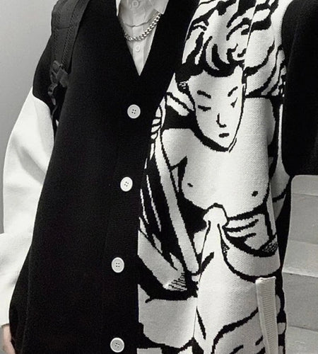 Casual Streetwear Angel Print Contrast Color Cardigan Women Loose Sweater Coat Autumn Harajuku Aesthetic Knitted Jumper