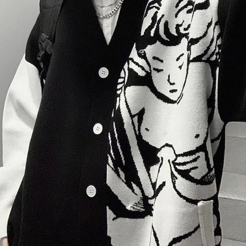 Load image into Gallery viewer, Casual Streetwear Angel Print Contrast Color Cardigan Women Loose Sweater Coat Autumn Harajuku Aesthetic Knitted Jumper
