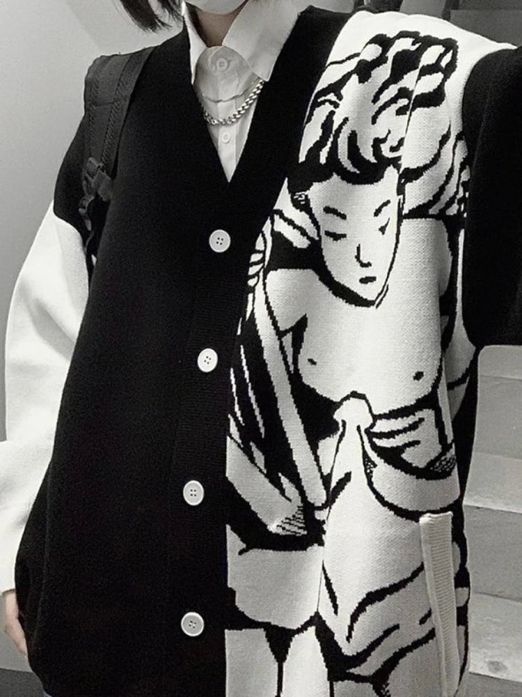 Casual Streetwear Angel Print Contrast Color Cardigan Women Loose Sweater Coat Autumn Harajuku Aesthetic Knitted Jumper