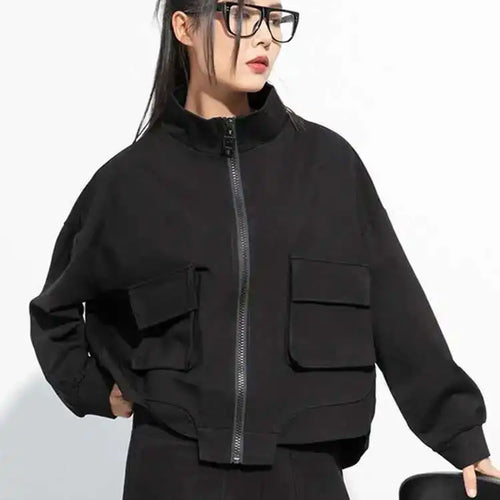 Load image into Gallery viewer, Black Pocket Big Size Casual Jacket New Stand Collar Long Sleeve Women Coat Fashion Tide Spring Autumn 2025 1DH5067
