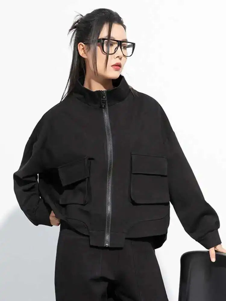 Black Pocket Big Size Casual Jacket New Stand Collar Long Sleeve Women Coat Fashion Tide Spring Autumn 2025 1DH5067