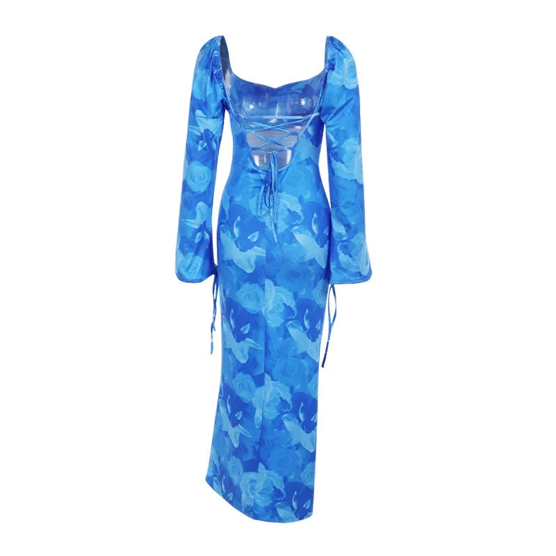 Blue Floral Print Sexy Maxi Dress For Women Gown Autumn New Square Collar Long Sleeve Lace-up Sexy Long Dress Elegant