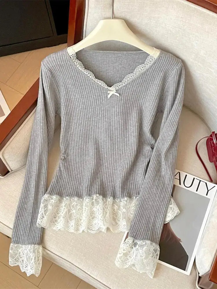 Korean Autumn Winter Sweet Patchwork Elegant Pullover Short Sweater Women's 2024 New V Neck Long Sleeved Knitted Tops Streetwear