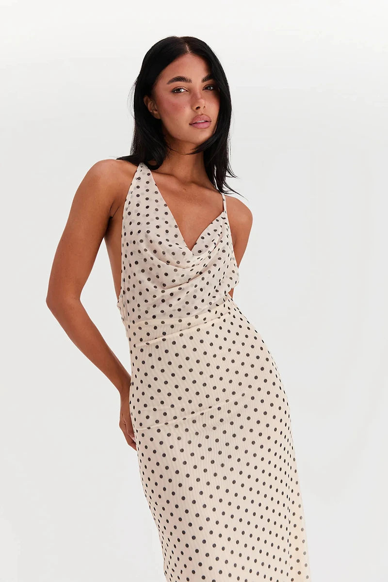 Spaghetti Strap Polka Dot Dress For Women Gown Fashion Irregular V Neck Sleeveless Backless Bodycon Club Long Dress
