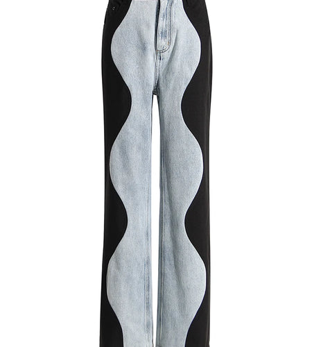 High Waist Blue Denim Long Color-block Wave Wide Leg Jeans New Loose Women Trousers Fashion Spring Autumn 2025 1DE9731