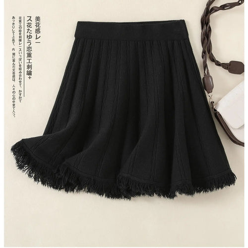Load image into Gallery viewer, Korean Fashion Autumn Winter Women Solid Tassels Holiday Knitted Short Skirt Vintage High Waist A-line Pleated Half Skirts 2024
