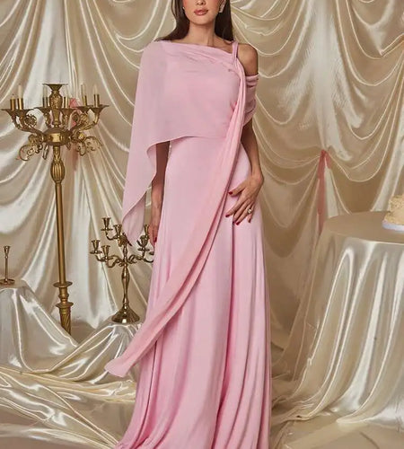 Pink Cape Sleeve Sexy Maxi Dress For Women Off-shoulder Backless Gown Elegant Skew Collar Lace-up Long Dress Vestido