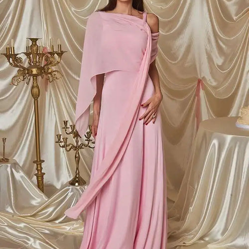 Load image into Gallery viewer, Pink Cape Sleeve Sexy Maxi Dress For Women Off-shoulder Backless Gown Elegant Skew Collar Lace-up Long Dress Vestido
