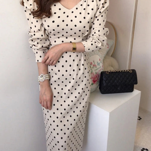 Load image into Gallery viewer, French Style Spring Autumn Women Casual Polka Dot Print A-Line Party Corduroy Dresses Elegant Lace-Up Slim Fashion
