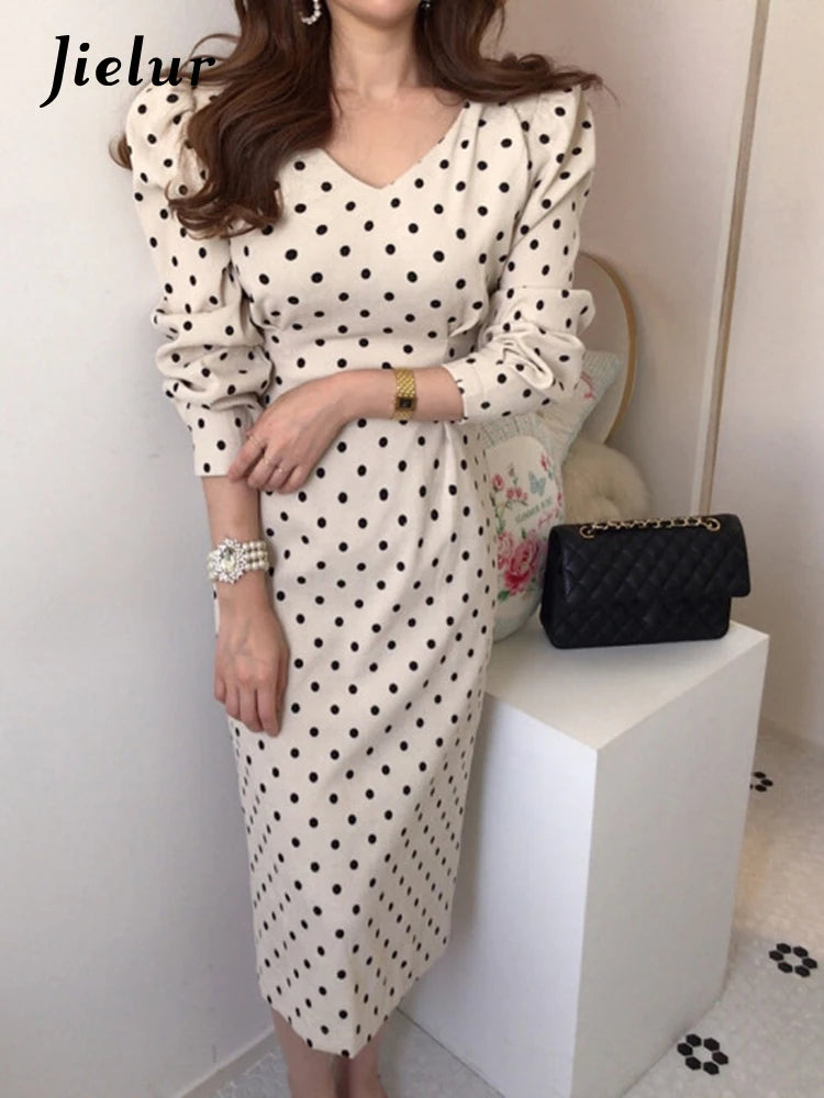 French Style Spring Autumn Women Casual Polka Dot Print A-Line Party Corduroy Dresses Elegant Lace-Up Slim Fashion